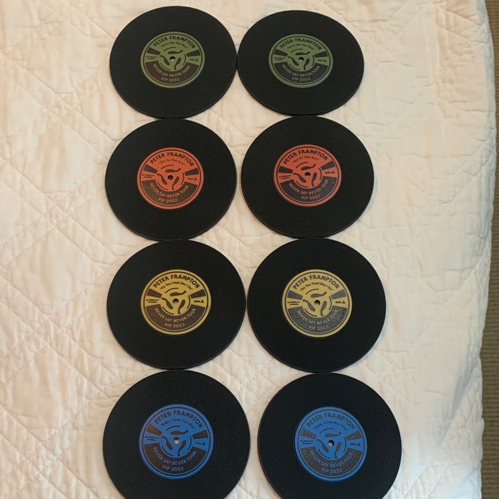 Peter Frampton brand new Black Round Vinyl Coasters with Colorful Label Accents